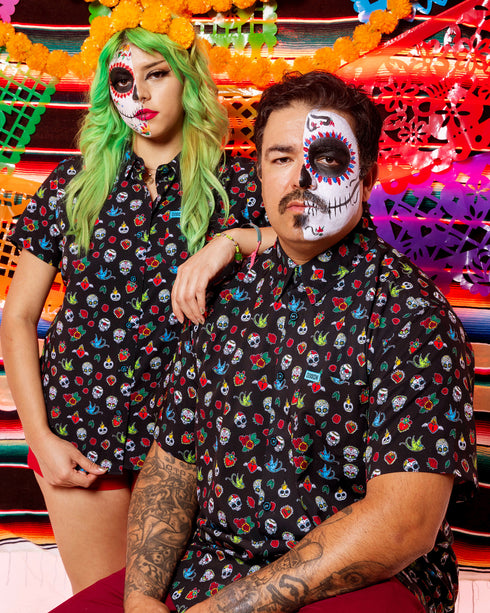 LOS MUERTOS PARTY SHIRT SHORT SLEEVE BUTTON UP  - MENS
